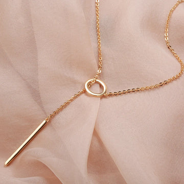 Unique Circle and Stick Rolled 14K Rose Gold Women's Necklace, Simple Trendy Fine Jewellery Glossy Necklace